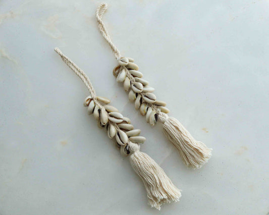 Cowrie Twine Tassel Handmade Charm,White Boho Button Latkan, Quirky Rustic Indian Tribal Bag Charm,Tufted Tassel Christmas Tree Decoration