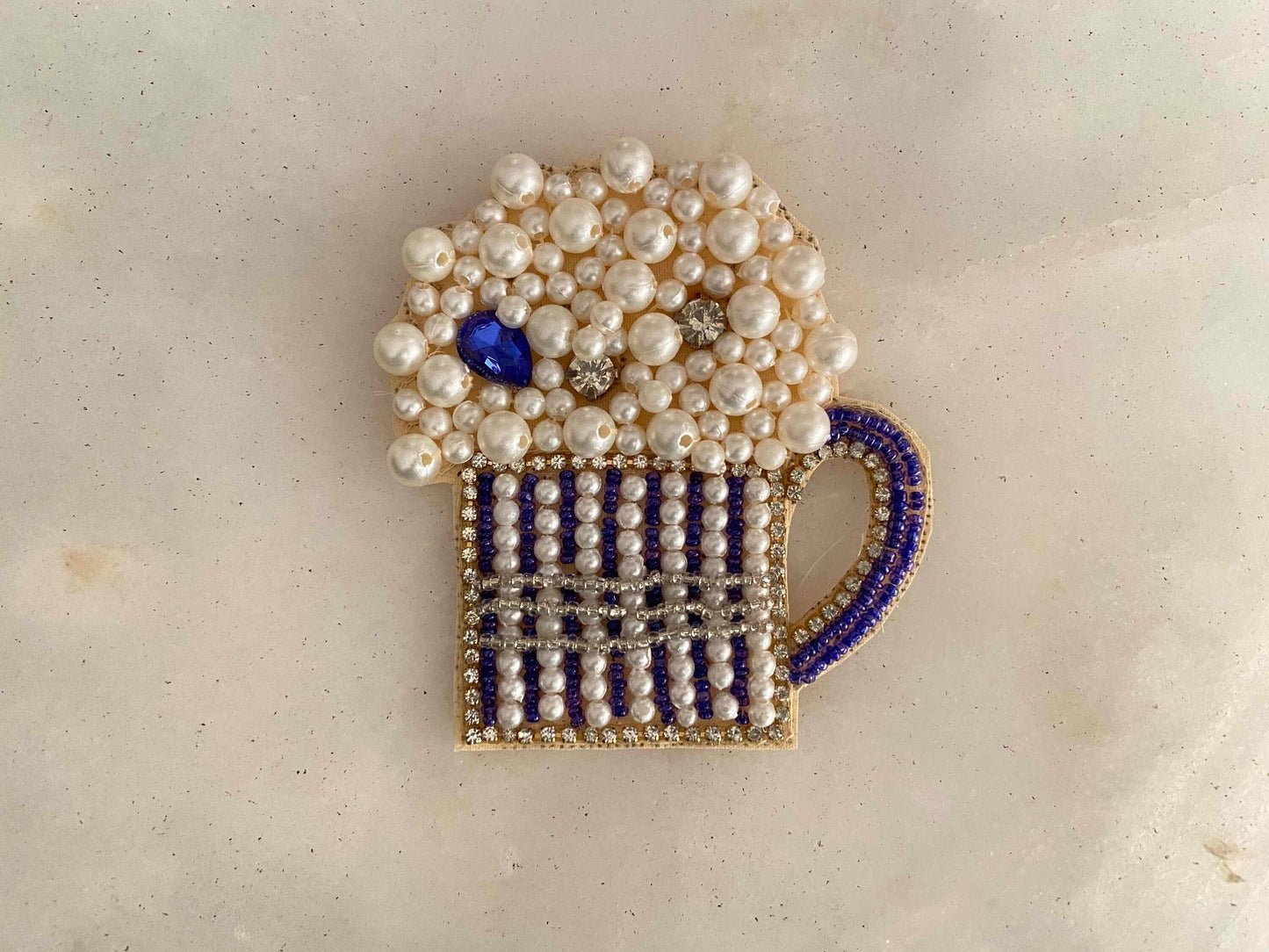 Quirky Beer Mug Beaded Patch,Handmade Embroidered applique, Blue White Drink Patch,Food Applique, Boho Playful applique