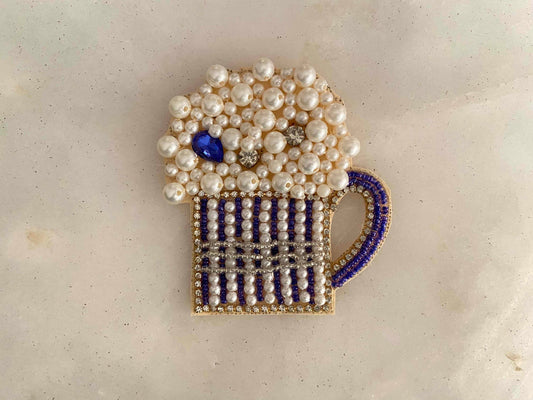 Quirky Beer Mug Beaded Patch,Handmade Embroidered applique, Blue White Drink Patch,Food Applique, Boho Playful applique