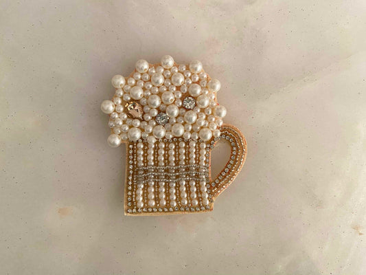 Quirky Beer Mug Beaded Patch,Handmade Embroidered applique, Gold White Drink Patch,Food Applique, Boho Playful applique