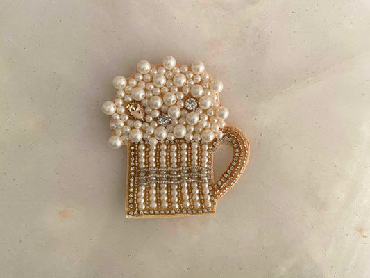 Quirky Beer Mug Beaded Patch,Handmade Embroidered applique, Gold White Drink Patch,Food Applique, Boho Playful applique