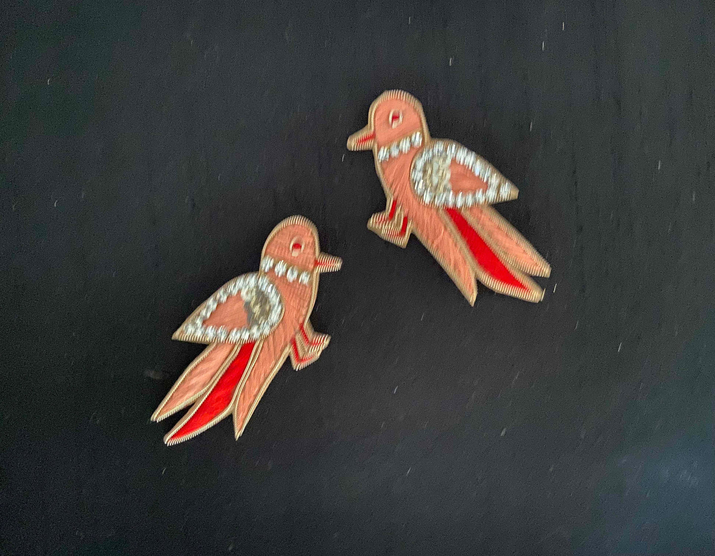 Peach Gold Parrot embroidered patch,Handmade Parrot Pair applique, Peach Red Gold bird patch,Quirky Boho DIY Bird Patch, 2 pieces , Code PBP