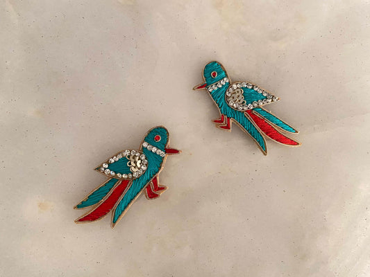 Teal Gold Parrot embroidered patch,Handmade Parrot Pair applique, Blue Red Gold bird patch,Quirky Boho DIY Bird Patch, 2 pieces , Code PBP