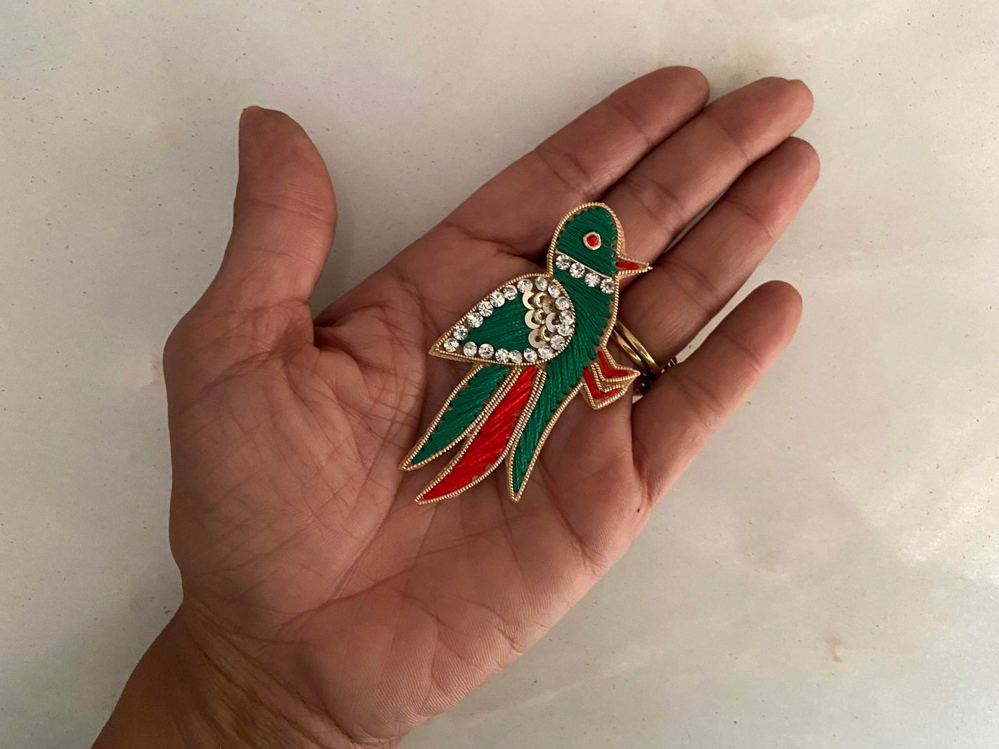 Green Gold Parrot embroidered patch,Handmade Parrot Pair applique, Green Red Gold bird patch,Quirky Boho DIY Bird Patch, 2 pieces , Code PBP