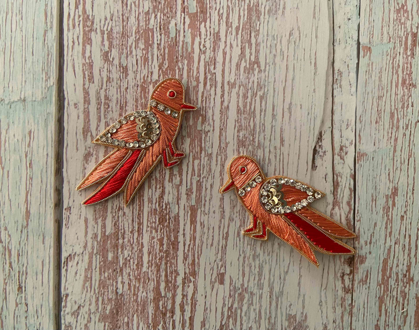 Peach Gold Parrot embroidered patch,Handmade Parrot Pair applique, Peach Red Gold bird patch,Quirky Boho DIY Bird Patch, 2 pieces , Code PBP