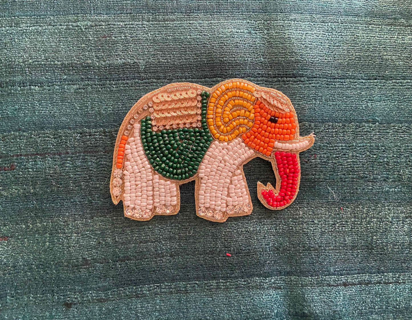 White Orange Elephant Beaded Patch,Handmade embroidered elephant applique, Quirky Boho Exotic Indian Animal patch, DIY Animal Patch