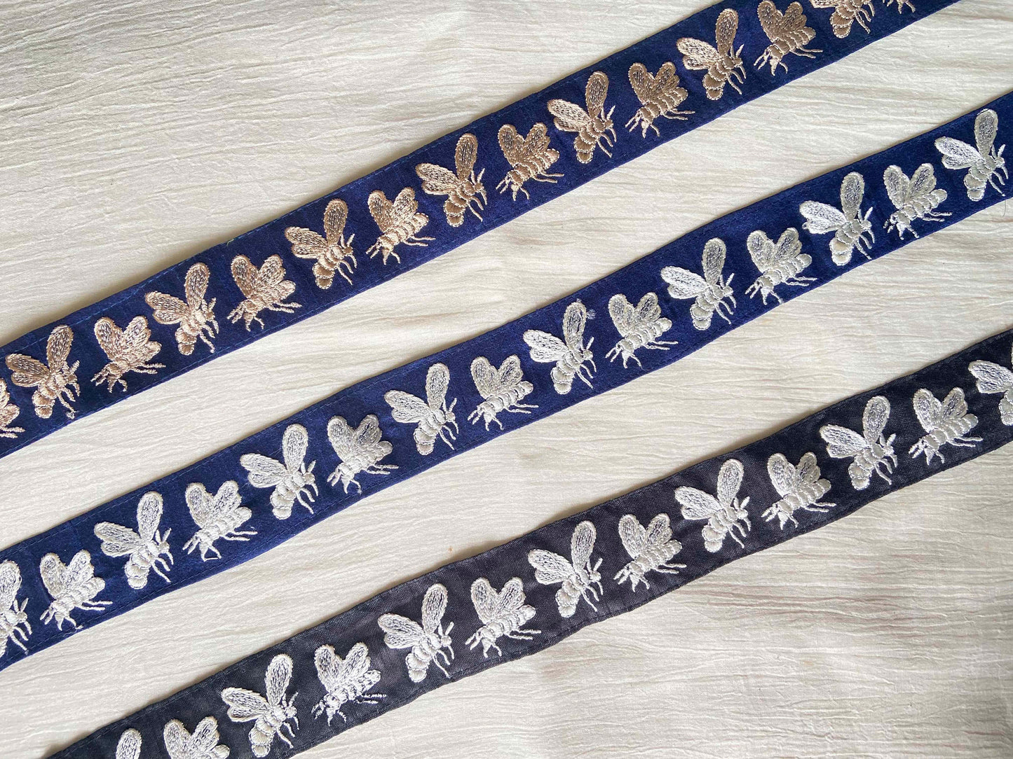 Quirky Blue Bee Embroidered Trim,Honeybee Blue White Border,Boho Insect Embroidered Lace,Quirky Indian Saree Border,Price/mtr