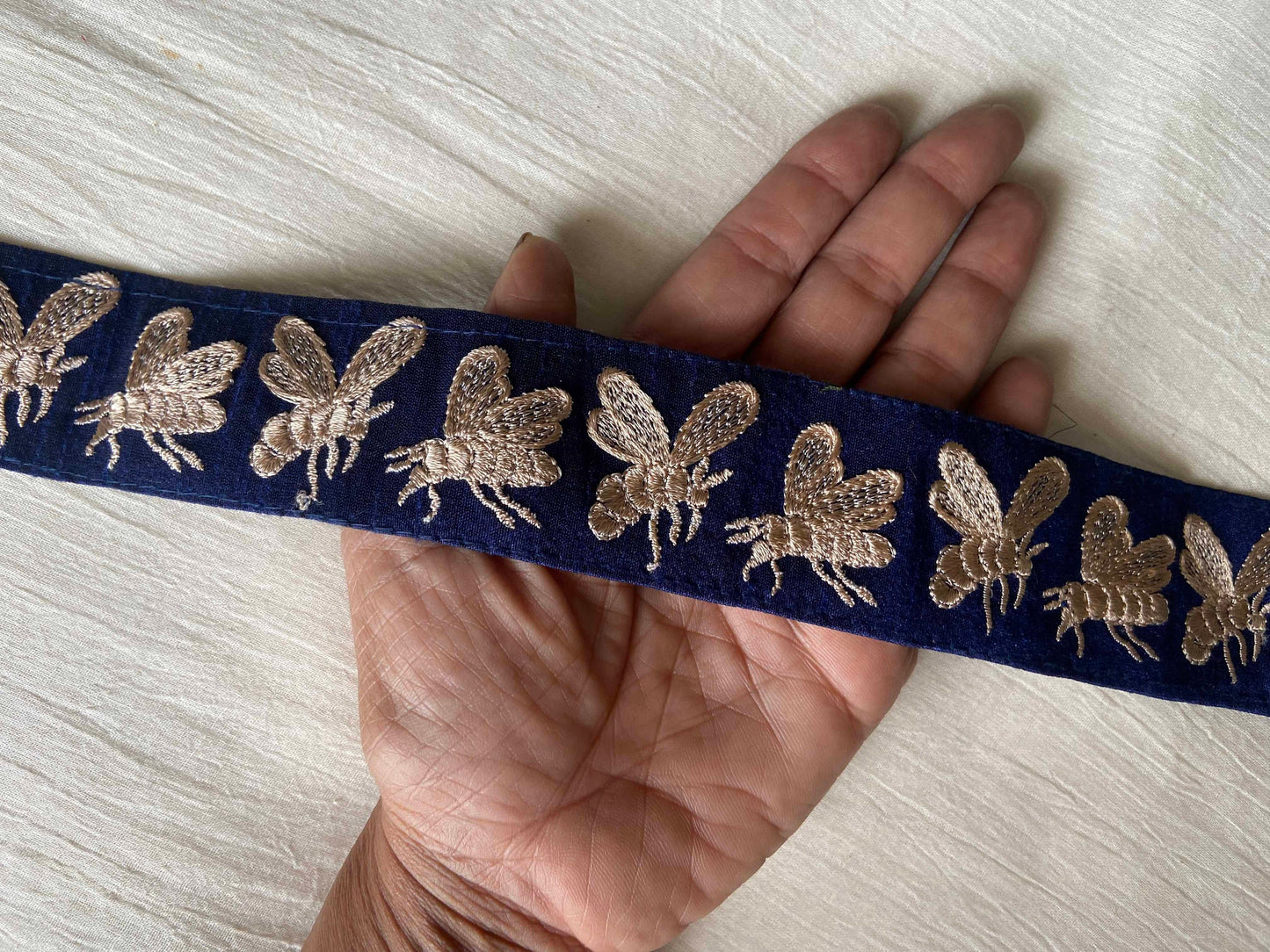 Quirky Blue Bee Embroidered Trim,Honeybee Border,Boho Insect Embroidered Lace,Quirky Indian Saree Border,Price/mtr