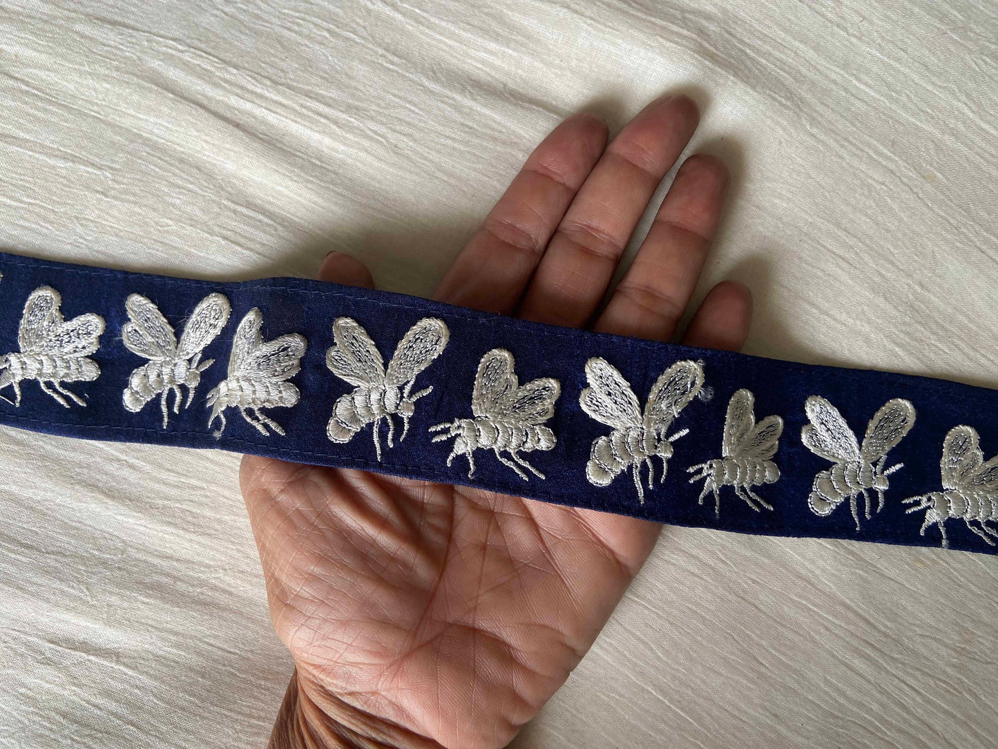 Quirky Blue Bee Embroidered Trim,Honeybee Blue White Border,Boho Insect Embroidered Lace,Quirky Indian Saree Border,Price/mtr