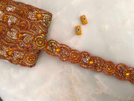 Vintage Gold Indian Embroidered Trim,Handmade Orange Gold Sequin Floral Border,Old Gold Lace,Bridal Saree Border,Designer Trim,Price/mtr