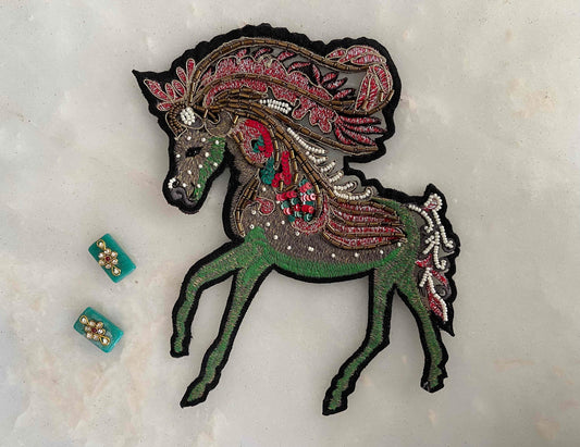 Green Pink Beaded Horse Patch,Cutwork Handmade embroidered applique, Boho Large Horse Patch,Fantasy Animal patch,Sew on applique, DIY Patch