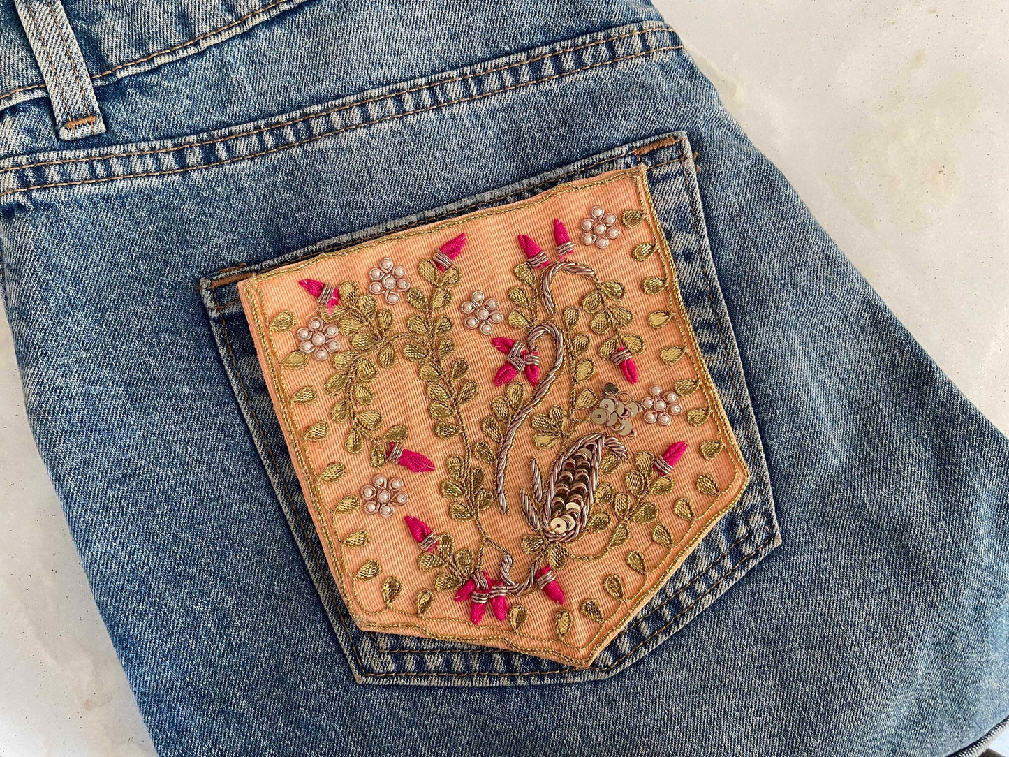 Peach Gold Embroidered Pocket Patch,Handmade Indian Peach Pocket Applique,Boho Kitschy Floral Bird Patch,DIY Denim Jacket Patch