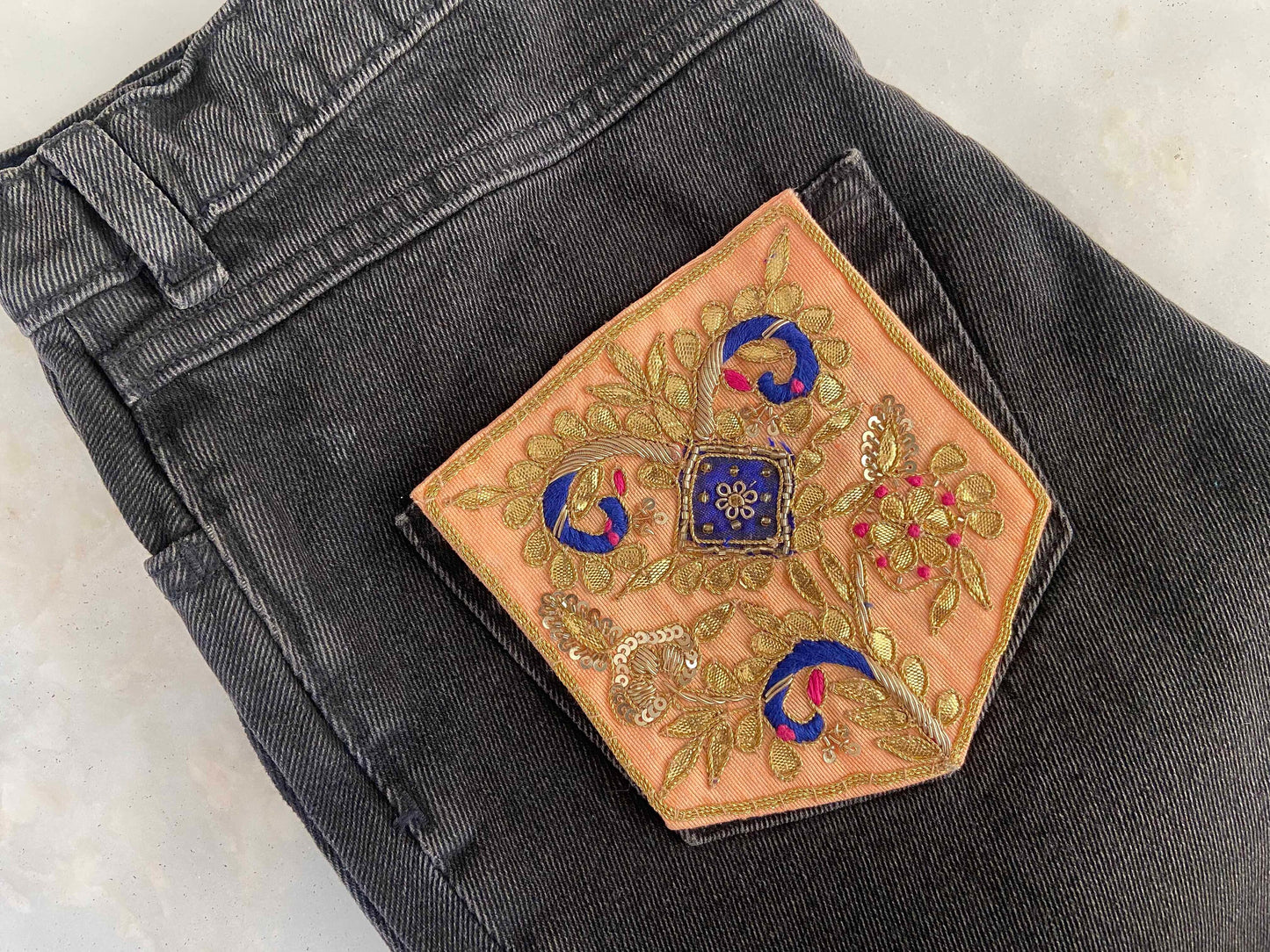 Peach Gold Embroidered Pocket Patch,Handmade Indian Peach Pocket Applique,Boho Kitschy Floral Bird Patch,DIY Denim Jacket Patch
