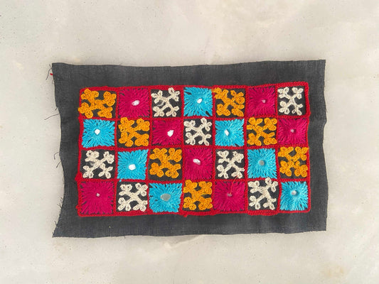 Black Multicolour Kutchi Embroidered Patch,Handmade Mirror Applique,Earthy Boho Tribal Banjara Black Mirror Embroidery Patch,DIY Patch