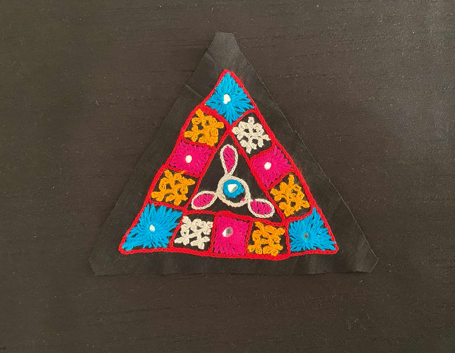 Black Multicolour Kutchi Embroidered Patch,Handmade Triangle Mirror Applique, Boho Tribal Banjara Black Mirror Embroidery Patch, DIY Patch
