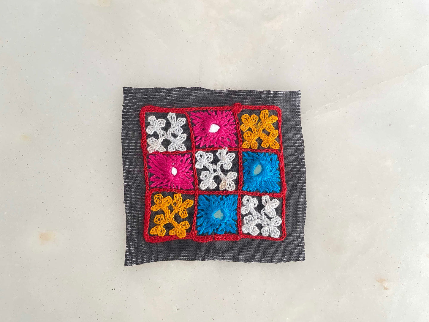 Black Multicolour Kutchi Embroidered Patch,Handmade Square Mirror Applique, Earthy Boho Tribal Banjara Mirror Embroidery Patch,DIY Patch