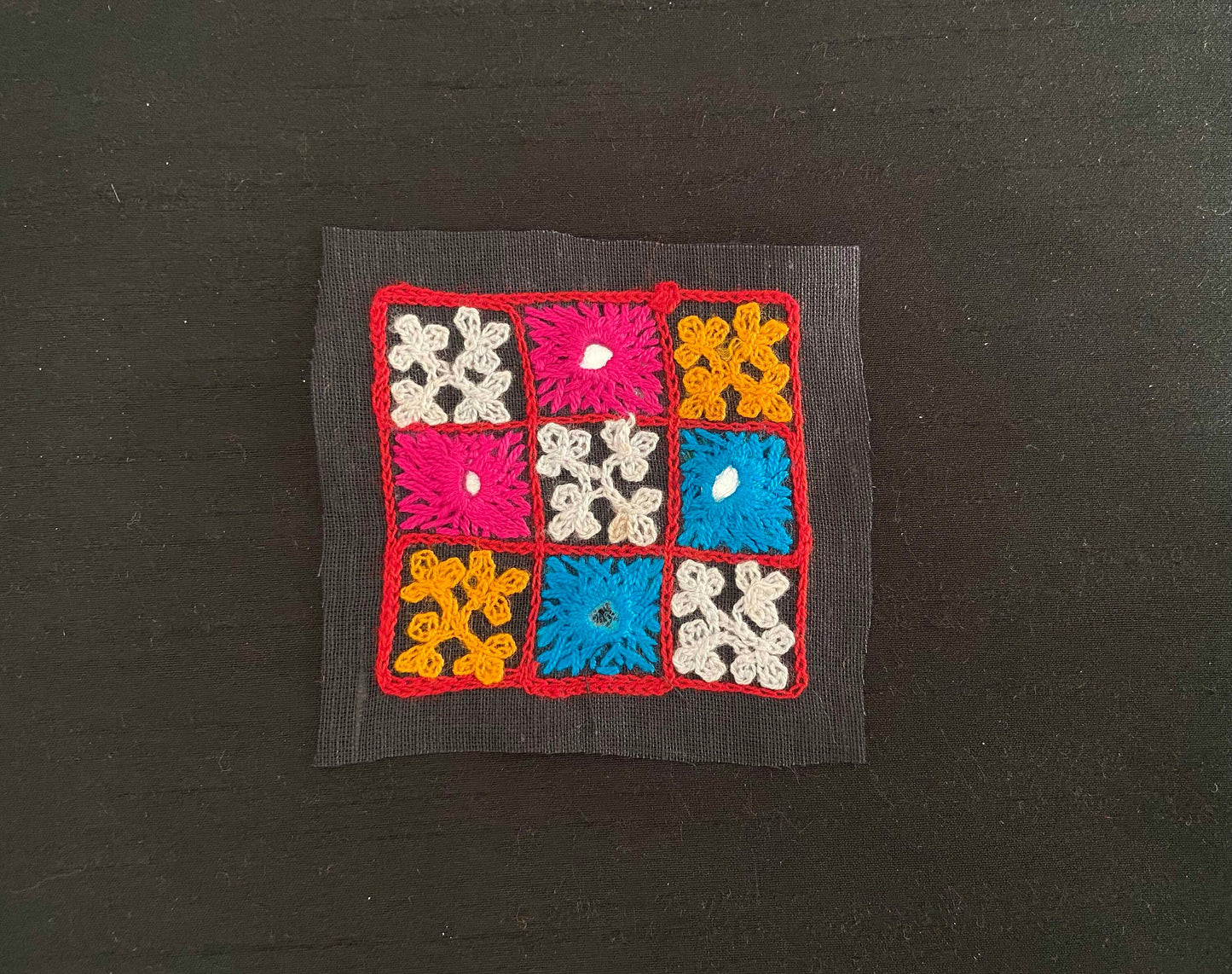 Black Multicolour Kutchi Embroidered Patch,Handmade Square Mirror Applique, Earthy Boho Tribal Banjara Mirror Embroidery Patch,DIY Patch