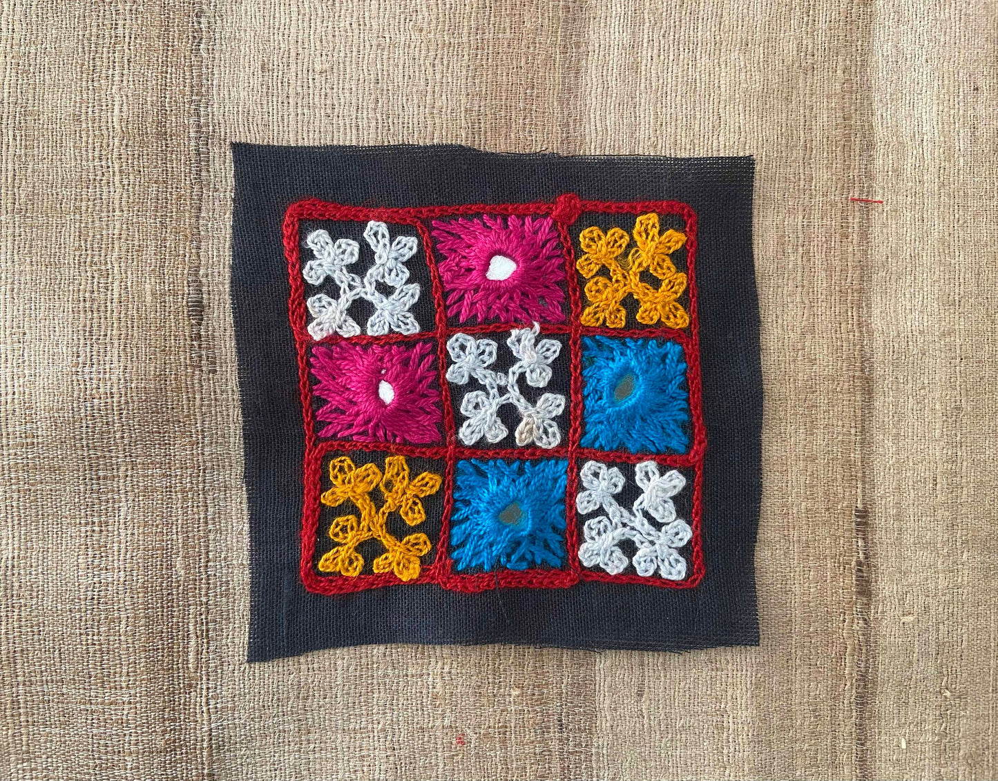 Black Multicolour Kutchi Embroidered Patch,Handmade Square Mirror Applique, Earthy Boho Tribal Banjara Mirror Embroidery Patch,DIY Patch