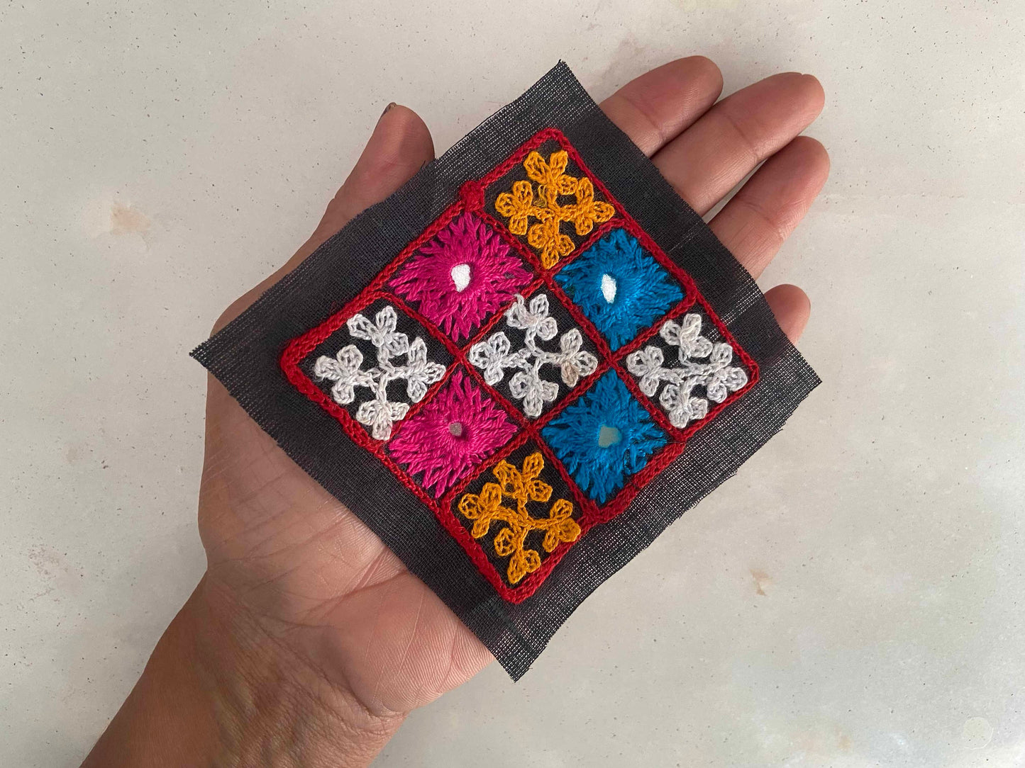 Black Multicolour Kutchi Embroidered Patch,Handmade Square Mirror Applique, Earthy Boho Tribal Banjara Mirror Embroidery Patch,DIY Patch