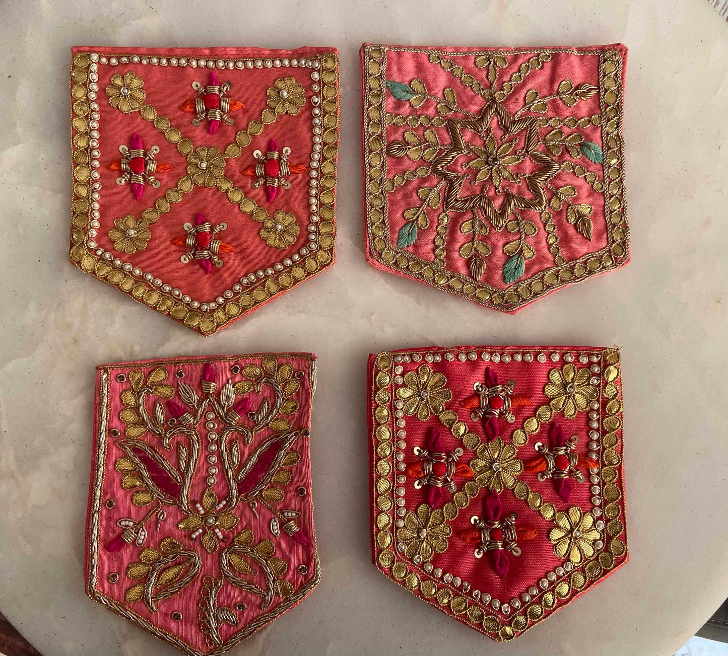 Pink Gold Embroidered Pocket Patch,Handmade Indian Pink Pocket Applique,Boho Kitschy Floral Bird Patch,DIY Denim Jacket Patch