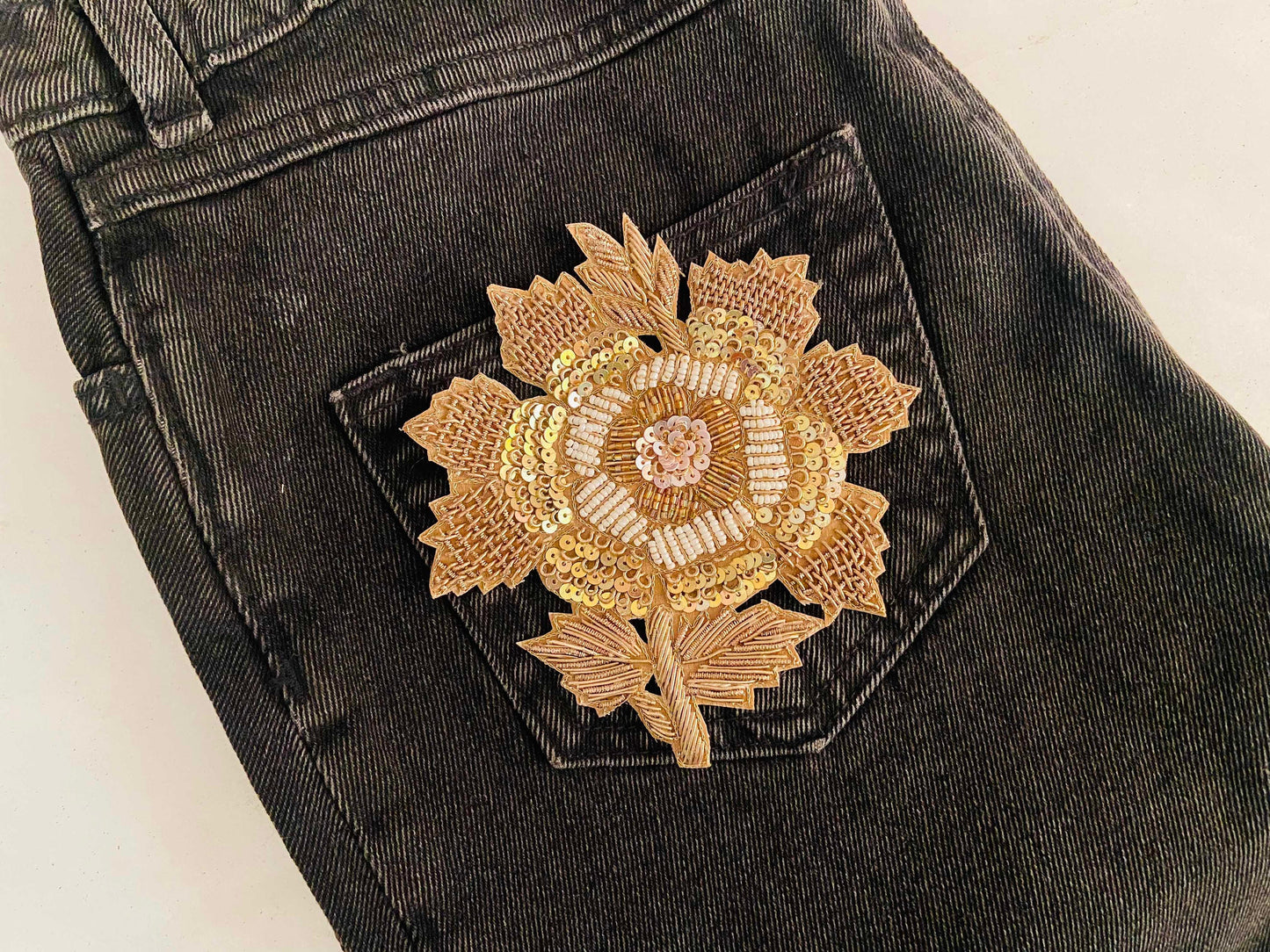 Gold Sequin Floral Embroidered patch,Handmade embroidered applique, Golden Floral applique, Gold Sequin Applique, DIY Patch