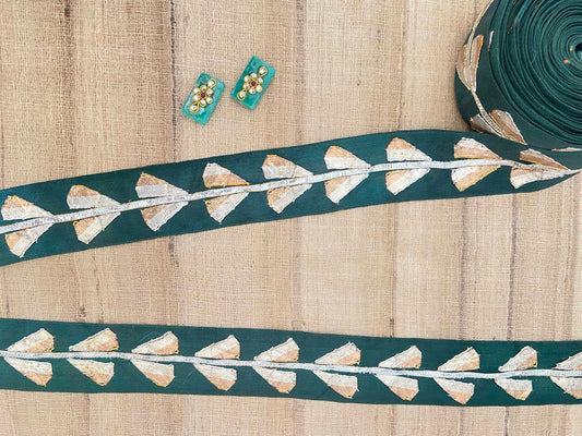 Green Gold Gota Embroidered Trim,Silver Gold Triangle Border, Gota Triangle Lace,Emerald Bridal Saree Border,Indian Fabric Trim,Price/mtr