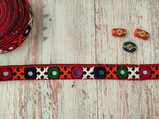 Black Orange Embroidered Kutchi Trim,Indian Mirror Embroidered Border,Orange White Real Mirror Lace,Tribal Boho Hippie Saree Border,Price/mt