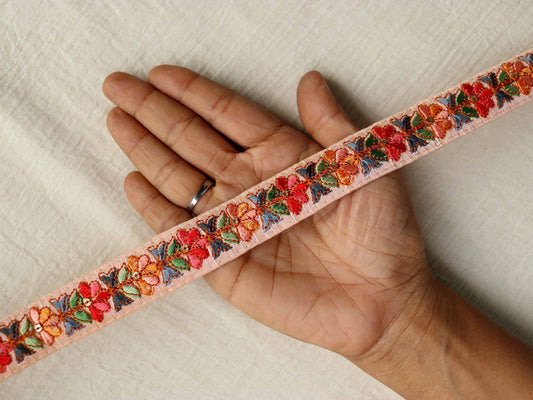 Peach Fuzz Floral Embroidered Trim,Multicolour Indian Fabric Embroidered Border,Peach Pink Red Floral Lace,Floral Saree Border,Price/mtr