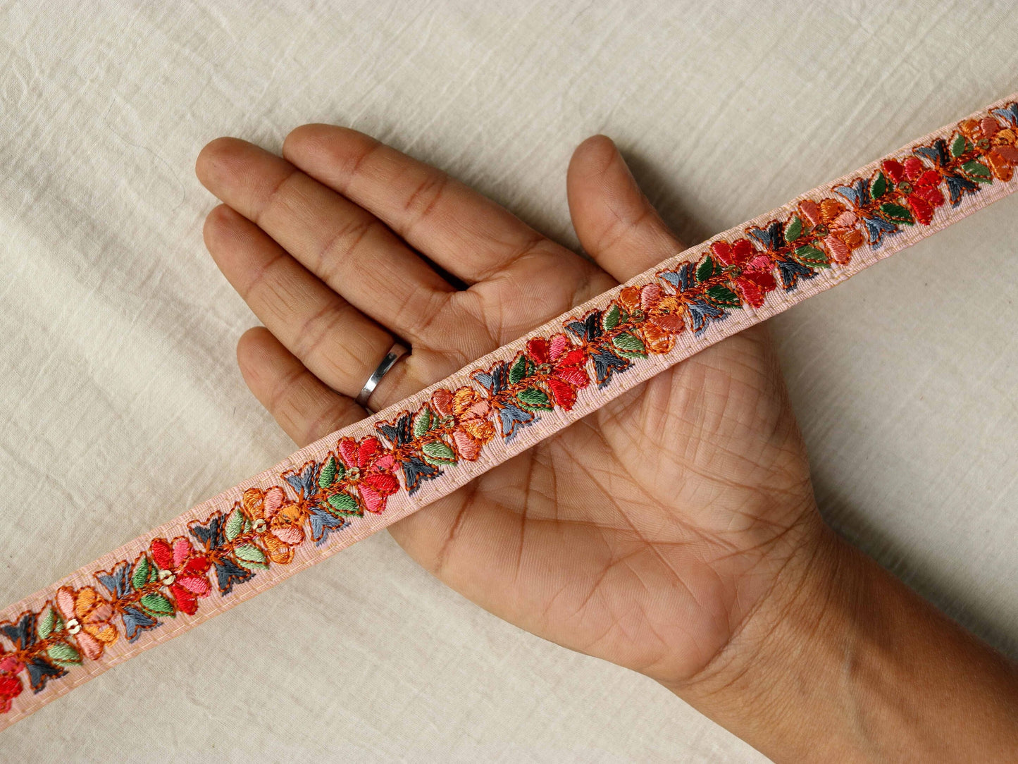 Peach Fuzz Floral Embroidered Trim,Multicolour Indian Fabric Embroidered Border,Peach Pink Red Floral Lace,Floral Saree Border,Price/mtr