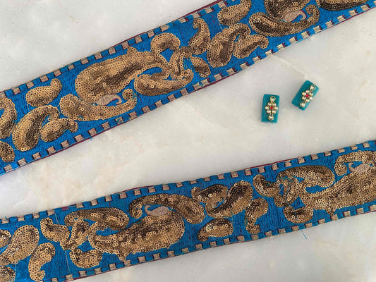 Vintage Blue Gold Paisley Trim,Embroidered Sequin Floral Border,Antique Blue Bridal Saree Border,Indian Fabric Trim,インド刺繍リボン,Price/mtr