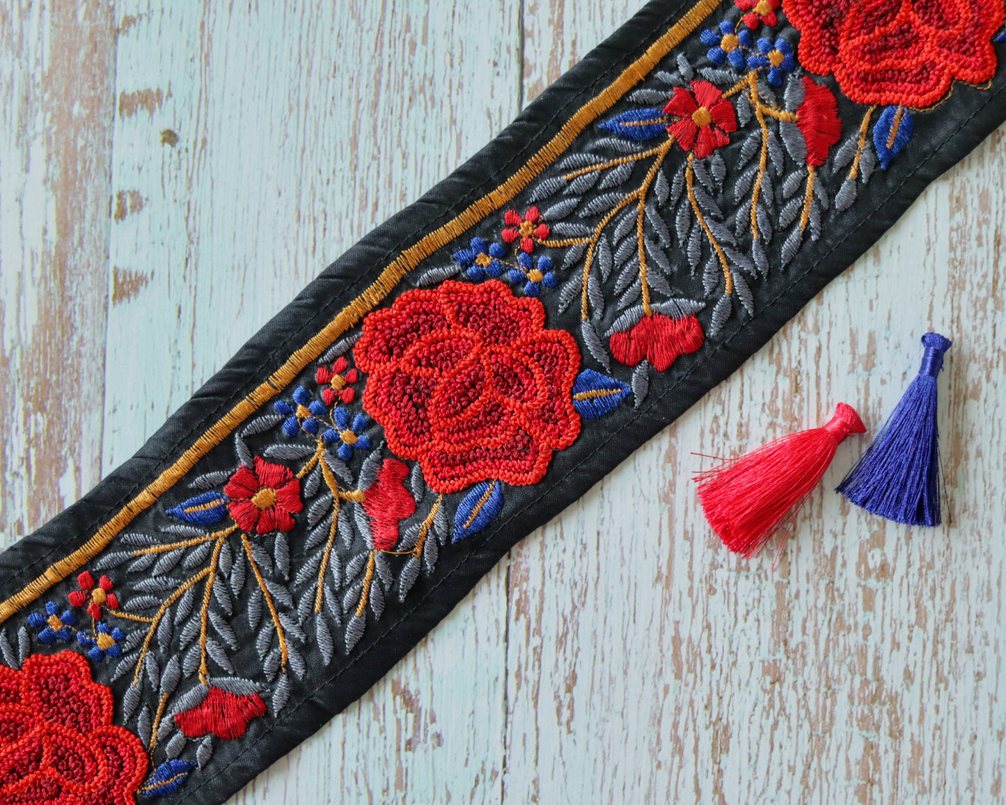 Black Red Floral Embroidered Handmade Trim,Calcutta Broad Silk Floral Rose Border,Bridal Designer Lace,OOAK Floral Saree Border,Price/mtr