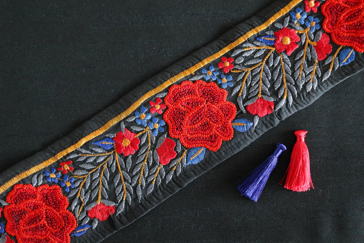 Black Red Floral Embroidered Handmade Trim,Calcutta Broad Silk Floral Rose Border,Bridal Designer Lace,OOAK Floral Saree Border,Price/mtr