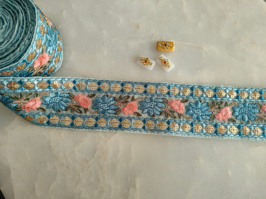 Blue Pink Floral Embroidered Trim,Self Blue Organza Border,Floral Tissue Lace,Indian Trim,Floral Saree Border,インド刺繍リボン, Price/mtr