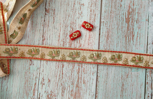 Quirky Teapot Teacup Embroidered Trim,Boho Tea Party Embroidered Lace,White Peach High Tea Lace,Indian Saree Border,インド刺繍リボン,Price/mtr