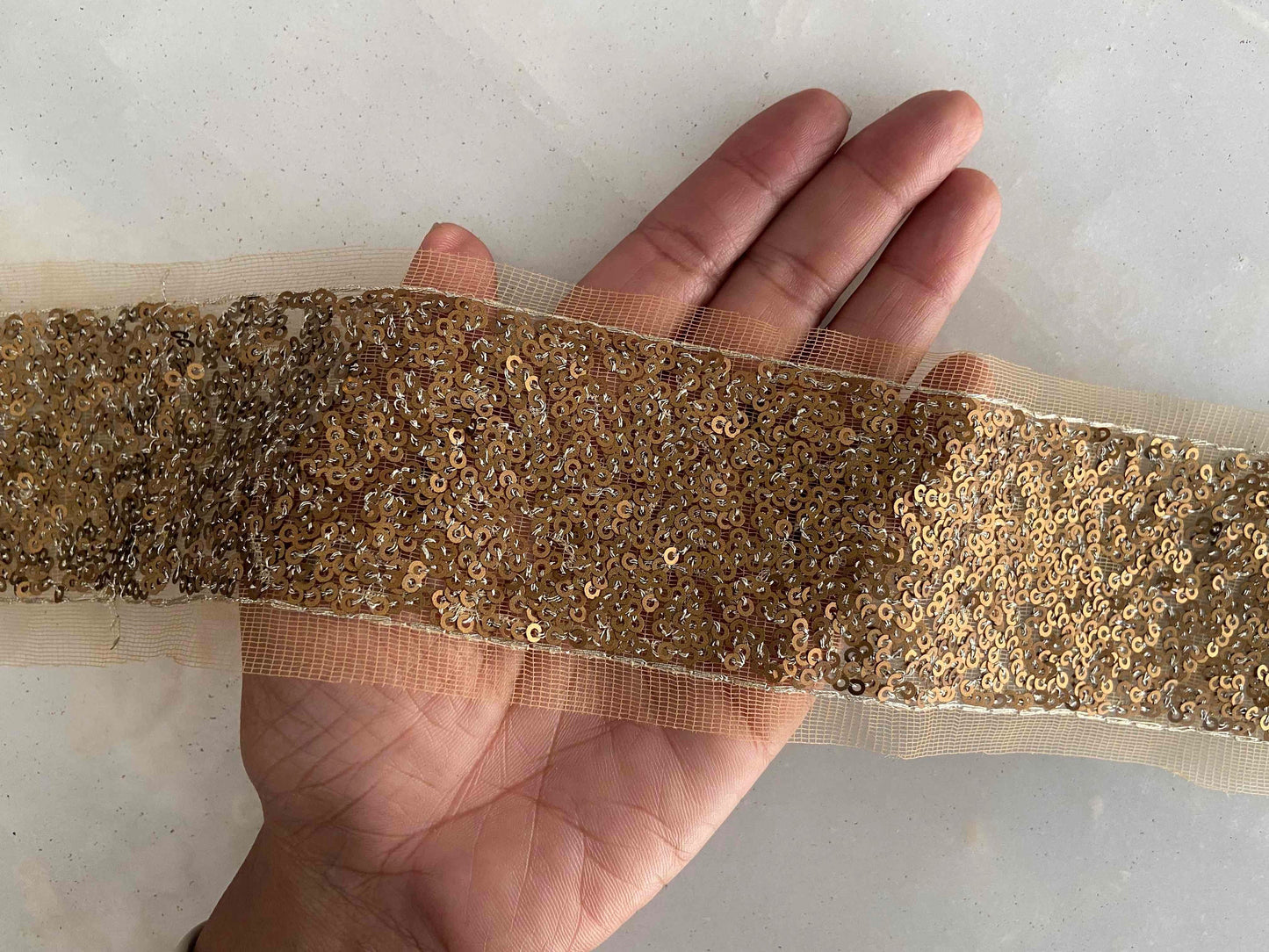 Light Gold Sequin Embroidered Trim,Gold Net Embroidered Border,Delicate Gold Lace,Indian Fabric Trim,Golden Saree Border,インド刺繍リボン,Price/mtr