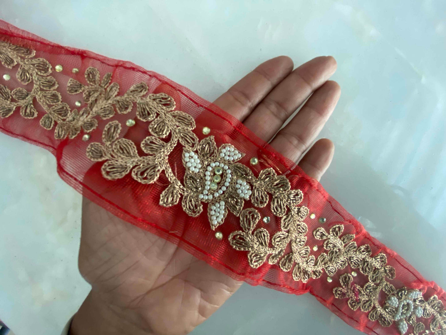 Red Gold Floral Embroidered Trim,Indian Designer Net Saree Border,Handmade Beaded Lace,Red Gold Zari Bridal Saree Border,インド刺繍リボン,Price/mtr