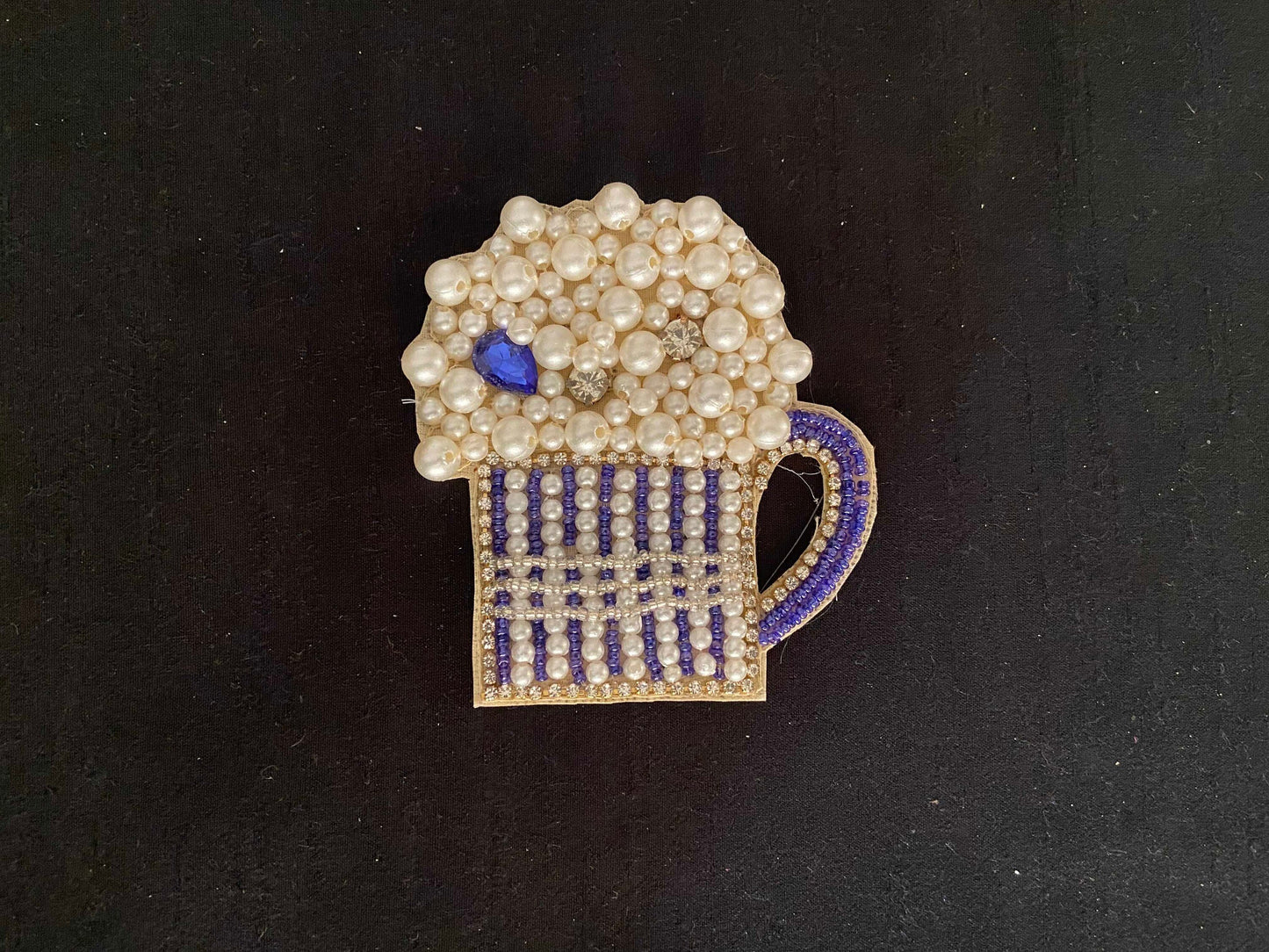 Quirky Beer Mug Beaded Patch,Handmade Embroidered applique, Blue White Drink Patch,Food Applique, Boho Playful applique