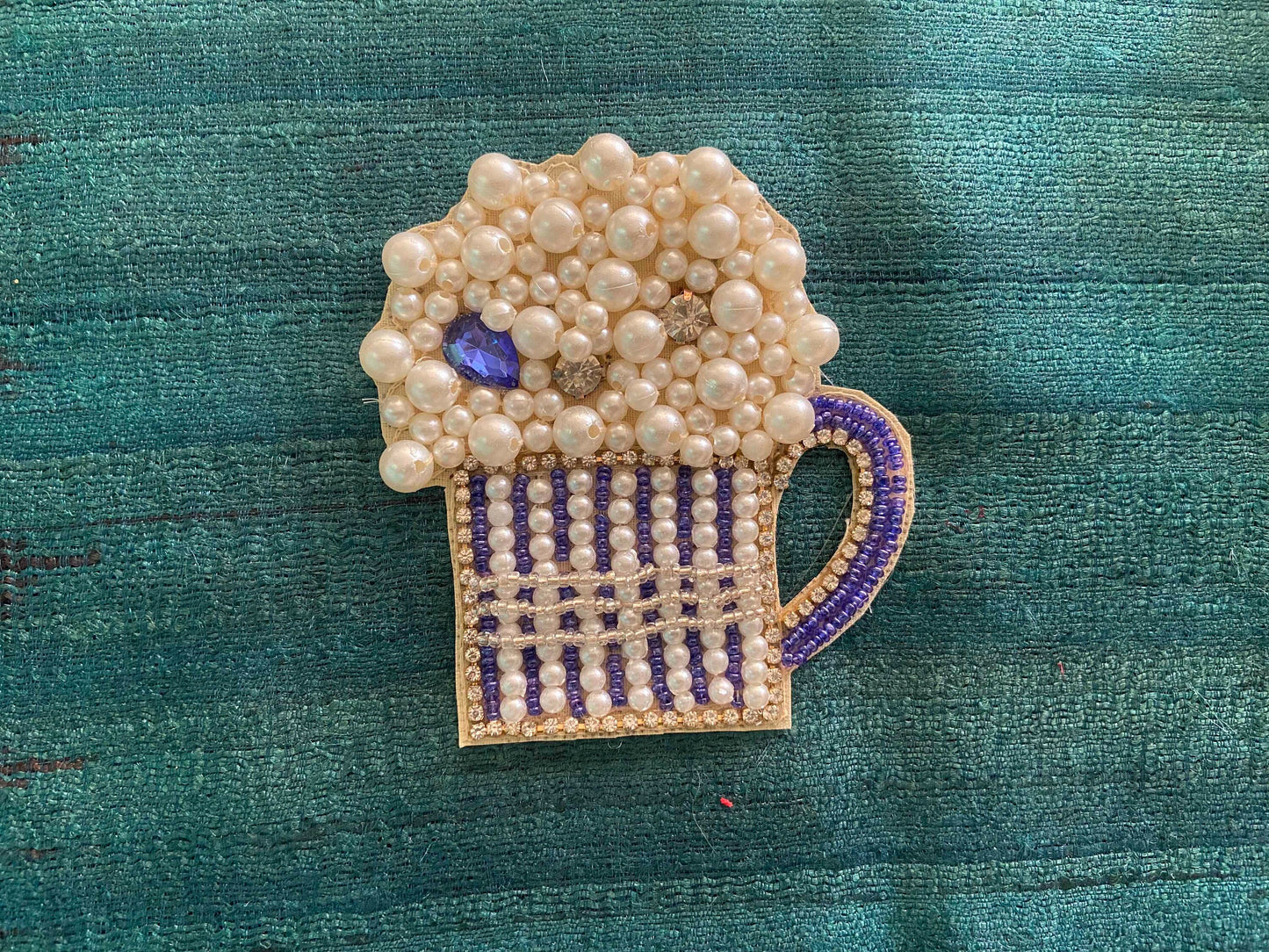 Quirky Beer Mug Beaded Patch,Handmade Embroidered applique, Blue White Drink Patch,Food Applique, Boho Playful applique