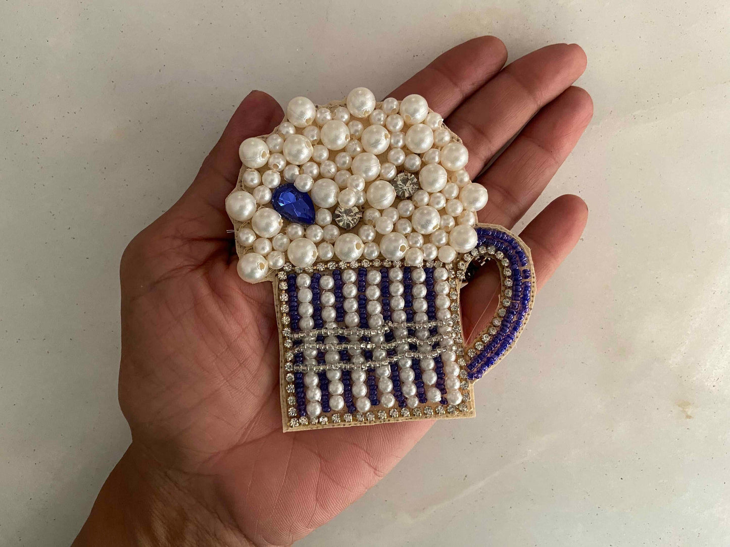 Quirky Beer Mug Beaded Patch,Handmade Embroidered applique, Blue White Drink Patch,Food Applique, Boho Playful applique