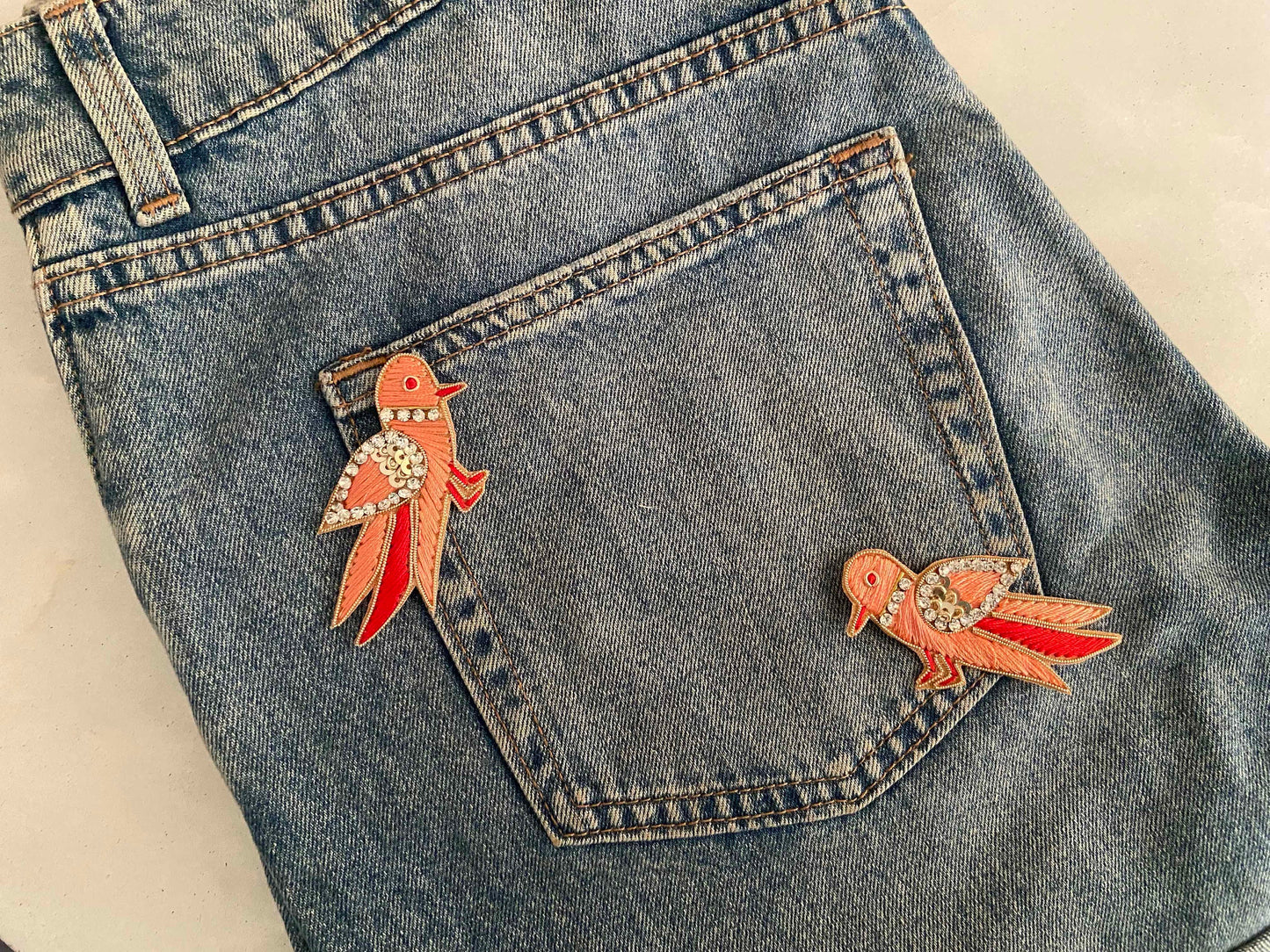 Peach Gold Parrot embroidered patch,Handmade Parrot Pair applique, Peach Red Gold bird patch,Quirky Boho DIY Bird Patch, 2 pieces , Code PBP