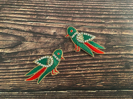 Green Gold Parrot embroidered patch,Handmade Parrot Pair applique, Green Red Gold bird patch,Quirky Boho DIY Bird Patch, 2 pieces , Code PBP