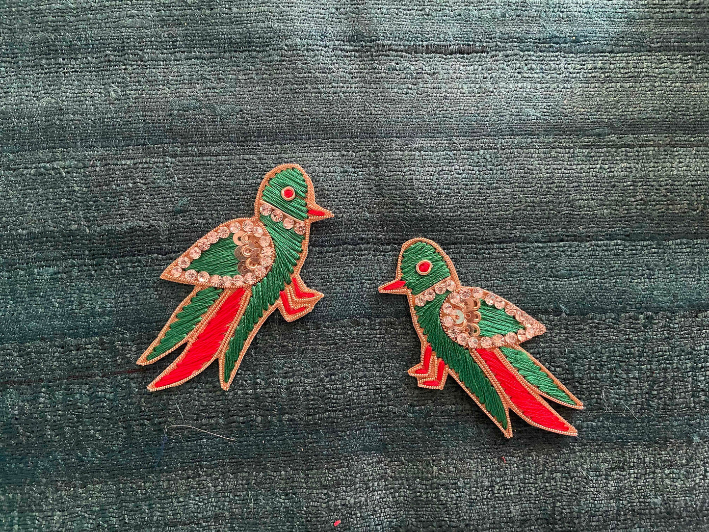 Green Gold Parrot embroidered patch,Handmade Parrot Pair applique, Green Red Gold bird patch,Quirky Boho DIY Bird Patch, 2 pieces , Code PBP