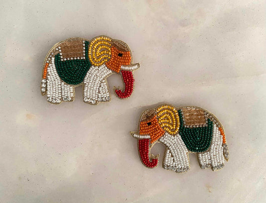 White Orange Elephant Beaded Patch,Handmade embroidered elephant applique, Quirky Boho Exotic Indian Animal patch, DIY Animal Patch