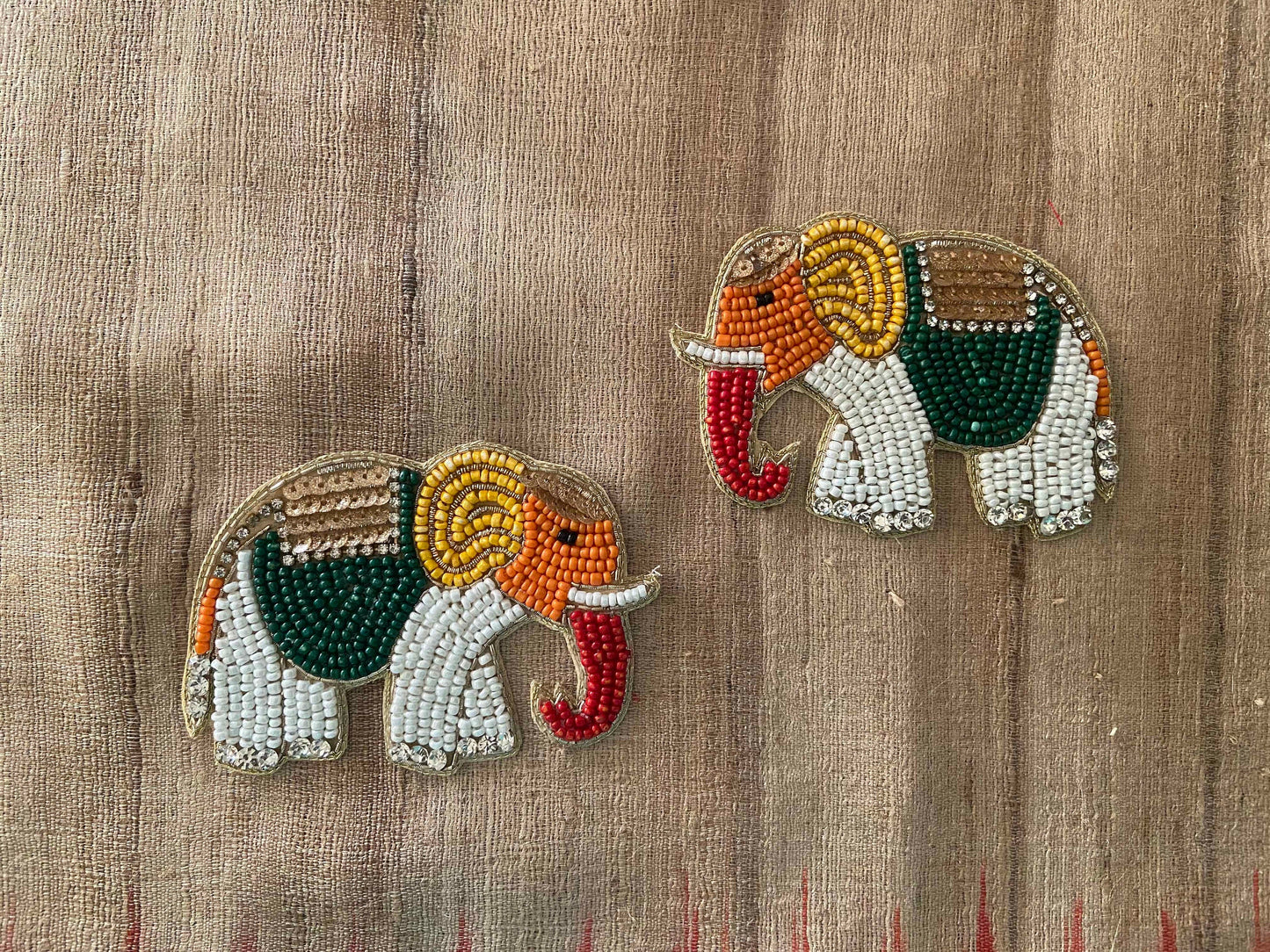 White Orange Elephant Beaded Patch,Handmade embroidered elephant applique, Quirky Boho Exotic Indian Animal patch, DIY Animal Patch