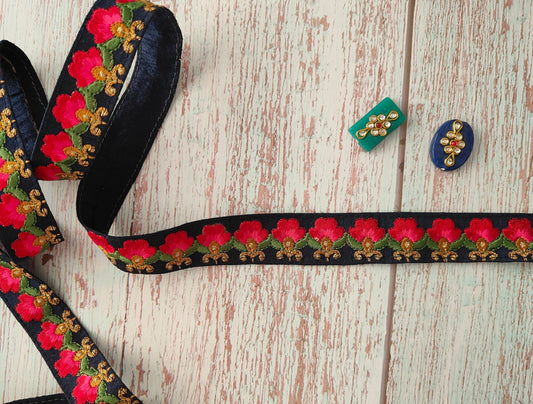 Black Red Floral Embroidered Trim,Black Floral Border,Floral Embroidery Lace,Black Red Floral Lace,Indian Trim,Saree Border,インド刺繍リボン,Price/m