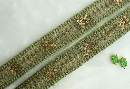 Green Gold Floral Embroidered Trim,Indian Fabric Net Sequins Border,Green Sequins Lace,Green Gold Saree Border,Price/mtr