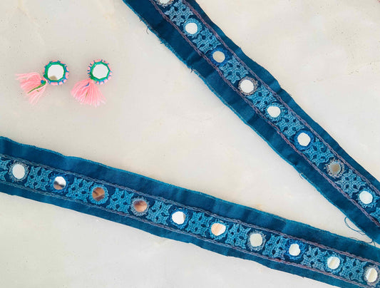Blue Embroidered Handmade Kutchi Trim,Indian Fabric Border,Self Mirror Embroidered Lace,Tribal Boho Hippie Saree Border,インド刺繍リボン,Price/mtr