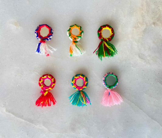 Boho Multicolour Round Mirror Tassel,Handmade Latkan, Rainbow Woollen Tufted Tassel,Quirky Kitschy Indian Tribal Charm, 2 pieces