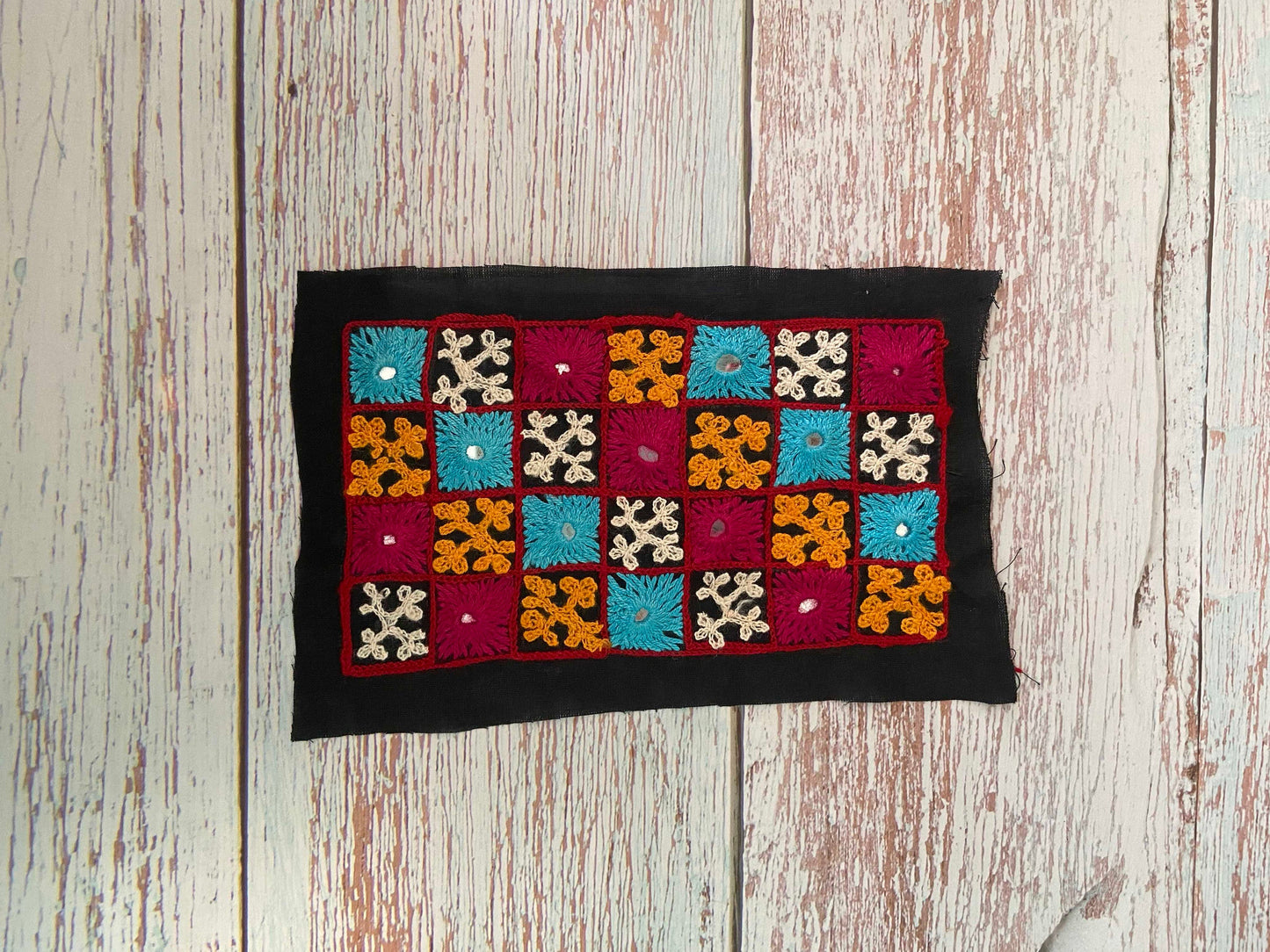 Black Multicolour Kutchi Embroidered Patch,Handmade Mirror Applique,Earthy Boho Tribal Banjara Black Mirror Embroidery Patch,DIY Patch