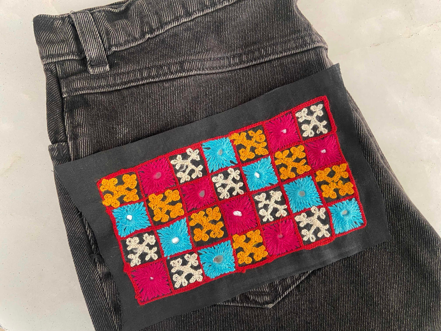 Black Multicolour Kutchi Embroidered Patch,Handmade Mirror Applique,Earthy Boho Tribal Banjara Black Mirror Embroidery Patch,DIY Patch